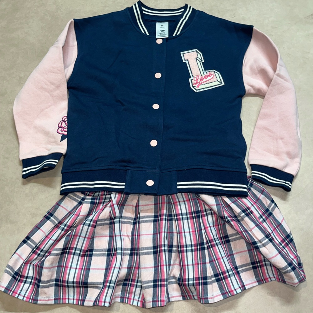 Navy and Pink Varsity Jacket with Plaid Skirt 2 Piece Set NWOT